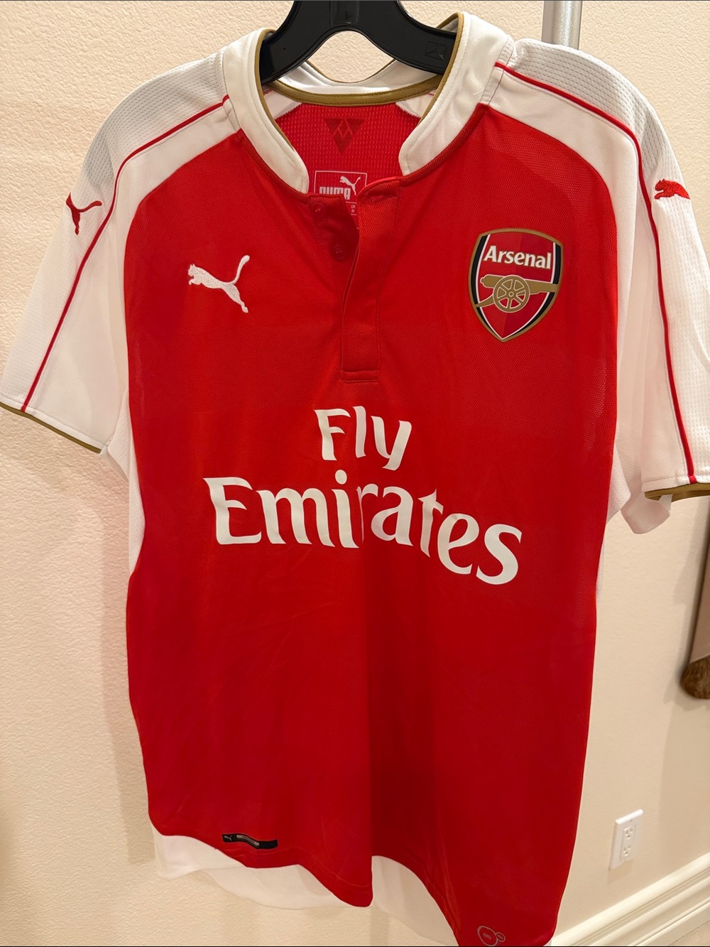 Puma Mens collared Arsenal Red and White Fly Emirates Soccer Jersey